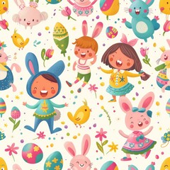 Obraz premium Design a seamless background with Easter parade elements like floats and costumes, suitable for use as a repeating pattern, a seamless pattern