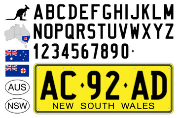 New South Wales car license plate pattern, letters, numbers and symbols, vector illustration, Australia