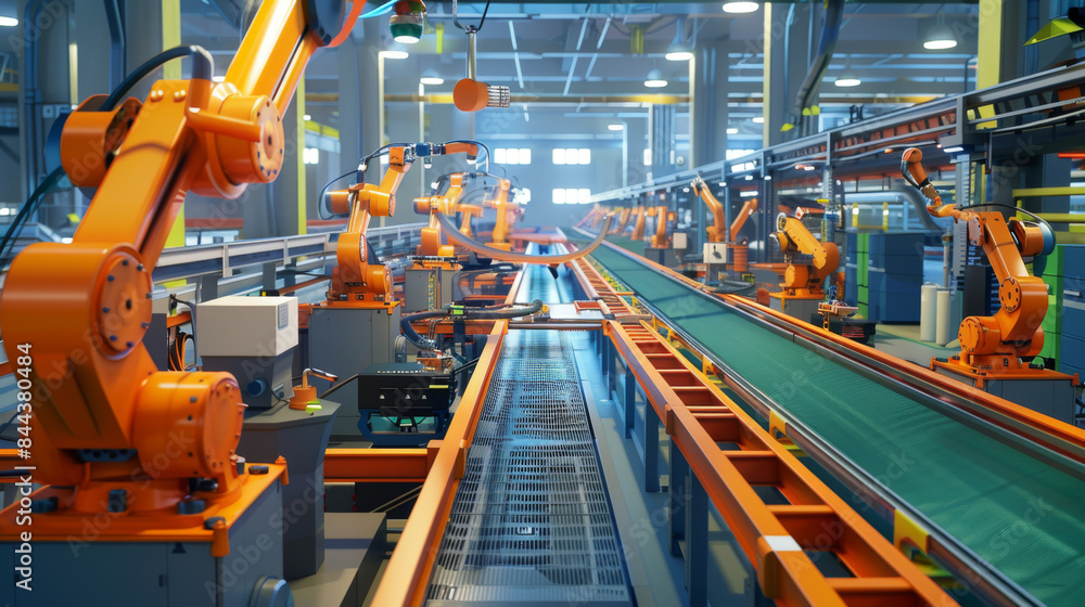 Poster a factory with many robots working on a conveyor belt