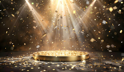 Golden stage podium with confetti falling under spotlights.  Perfect for celebration, award, or achievement concepts.
