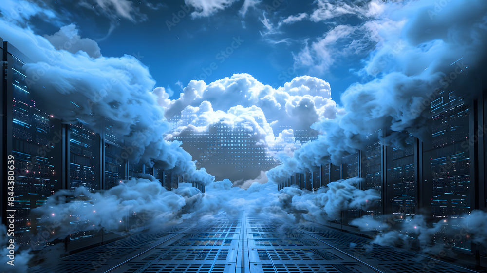 Poster illustration of cloud computing with data flowing into and out from clouds. surrounded computers dis