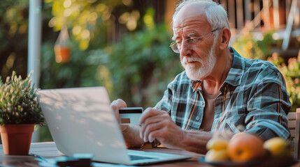 Obraz premium Senior Man Enjoying Black Friday Online Shopping | Joyful Elderly Male Browsing Laptop, Making E-commerce Purchases with Credit Card