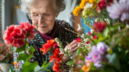 Elderly woman arranging a vibrant bouquet of flowers, engrossed in her floral hobby