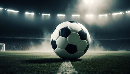 close up view of soccer ball on the field in front of spot lights, warm spot lights and foggy background, 

