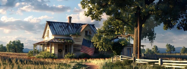 A quaint country farmhouse proudly displays the Stars and Stripes, its weathered facade echoing  resilience and strength of the American spirit