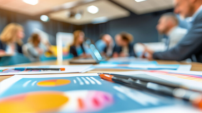 a close-up image of a blurred view of conference materials and handouts on a table, with the business speaker engaging with the audience in the background, business speaker, profes