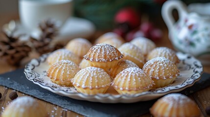Madeleines: A plate of delicate madeleines with their characteristic shell shape, lightly dusted with powdered sugar. Traditional French pastry.
