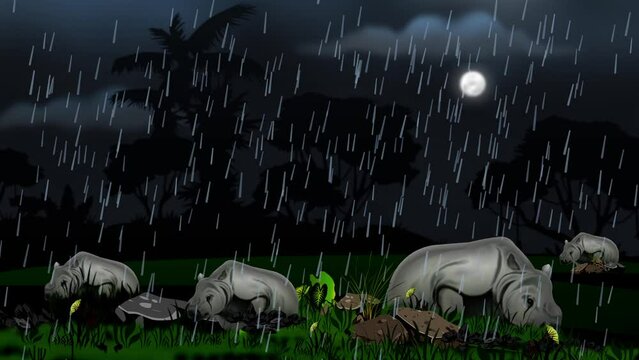 one horn rhino wet in the heavy Rain and thunder at night 2d animation