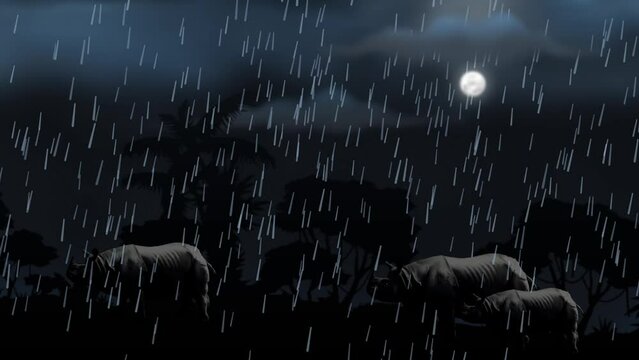 rhino wet in the heavy rain and thunder at night