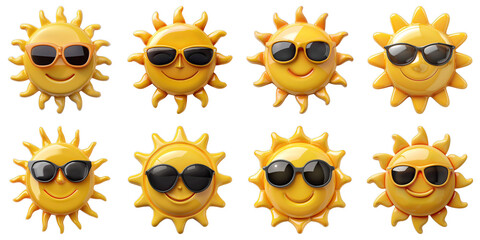 Set of Bright Sun With Sunglasses isolated on transparent png background. Generative ai