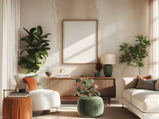 Warm and Cozy spring living room interior with mock-up poster frame
