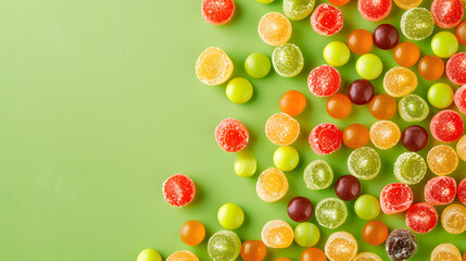 lots of round candies on top on a green background. international childrens Day. copy space. free space for text 