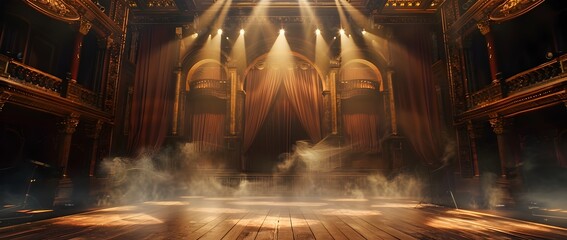 Majestic Theatrical Stage with Dramatic Lighting and Smoke Filled Ambiance