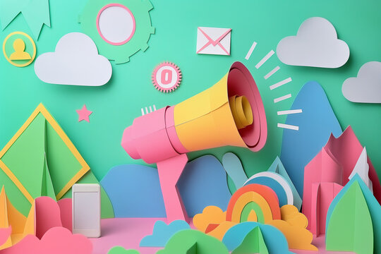 Megaphone message with cut path paper cut style Place for messages marketing concept marketing concept Communicate through speakers Voice news alert Attention symbol