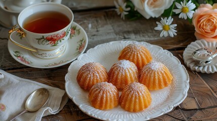Madeleines: A plate of delicate madeleines with their characteristic shell shape, lightly dusted with powdered sugar. Traditional French pastry.