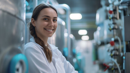Female employee standing in factory checking water bottles in warehouse at industrial plant Female employee recording data on beverage production line
