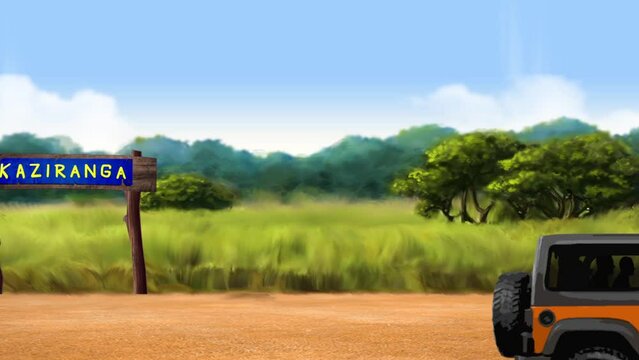 jeep safari in kaziranga national  assam park 2d animation