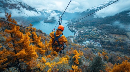 Extreme sport people traveling to zipline at the big forest wearing helmet.