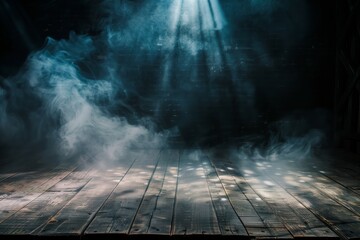 Dramatic Wooden Floor with Swirling Smoke: Dark, Rustic, and Atmospheric Background for Creative Photography, Cinematic Projects, and Artistic Endeavors