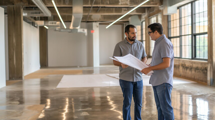 A diverse team of expert architects is consulting on blueprints. Talk to a salesperson about a construction project with an engineer. Providing advice on real estate projects with civil engineers