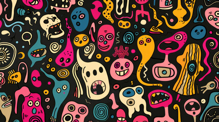 Colorful Funky Doodles Pattern. Whimsical and Fun Art Design