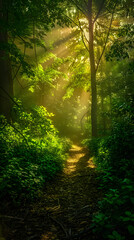 Obraz premium Enchanted Forest at Dawn: Sunlight Filtering Through Dense Foliage, Creating a Serene and Tranquil Atmosphere