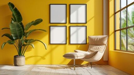 Modern living room with a bright yellow wall. The wall features four blank picture frames arranged in a square