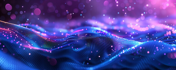 Big data visualization. The musical stream of sounds. Abstract background with interweaving of dots and lines. Blue and purple technology, speed, Internet background