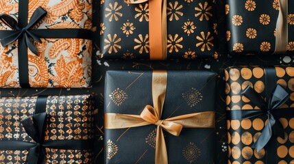 Assorted Gift Boxes with Ribbons and Patterns