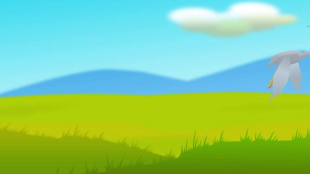 egret bird flying in forest 2d animation