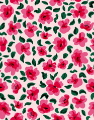 Hand drawn flowers with leaves seamless repeat pattern. Random placed, vector botany aop all over surface print. 