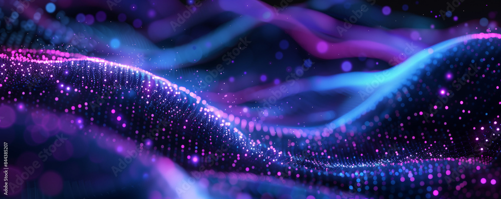 Poster big data visualization. the musical stream of sounds. abstract background with interweaving of dots 