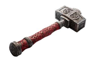 Close-up photo of a detailed, ancient-looking hammer with a red, intricately designed handle and metallic head with engravings.