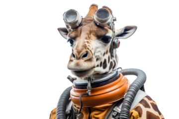 Giraffe wearing a futuristic spacesuit with goggles on a white background, blending wildlife with sci-fi concept.