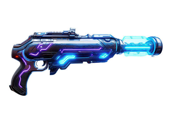 Futuristic sci-fi laser gun with glowing blue and purple accents, perfect for video game or movie prop concepts.