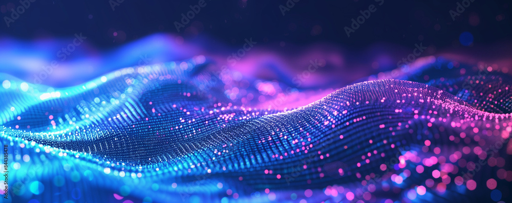 Poster big data visualization. the musical stream of sounds. abstract background with interweaving of dots 