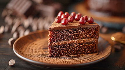 Chocolate Layer Cake Closeup on a Bright Background