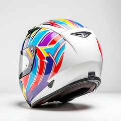 Fototapeta premium motorcycle helmet with race color patterns isolated white background, copy space for text