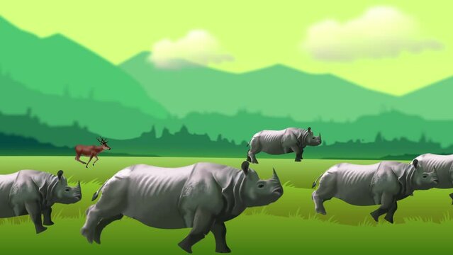 one horn Rhino and deer running in forest 2d animation