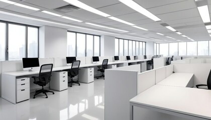 Modern office space with cubicles, bright white color background

