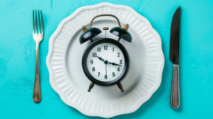 Blue alarm clock placed on a white plate. Concept of intermittent fasting, lunchtime, diet and weight loss