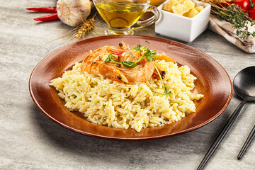 Italian pasta Orzo with prawn