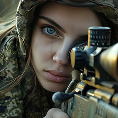 Ukrainian girl sniper close-up. An illustration of the patriotism of the Ukrainian people in the war for freedom, peace, and homeland.