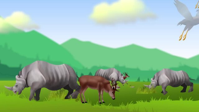 forest animals eating grass and vulture bird flying
