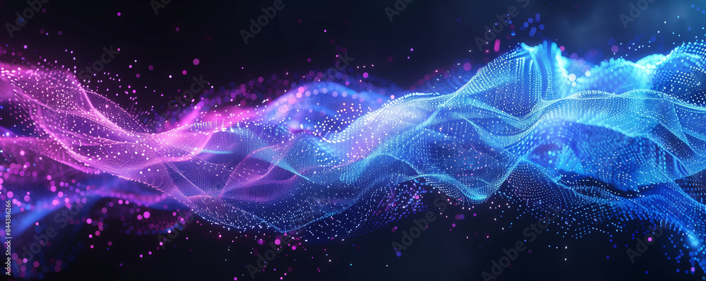 Poster big data visualization. the musical stream of sounds. abstract background with interweaving of dots 