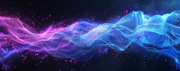 Big data visualization. The musical stream of sounds. Abstract background with interweaving of dots and lines. Blue and purple technology, speed, Internet background