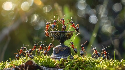 Detailed close-up photograph capturing a team of ants working together to lift an award, showcasing their coordinated effort and determination in a macro view.
