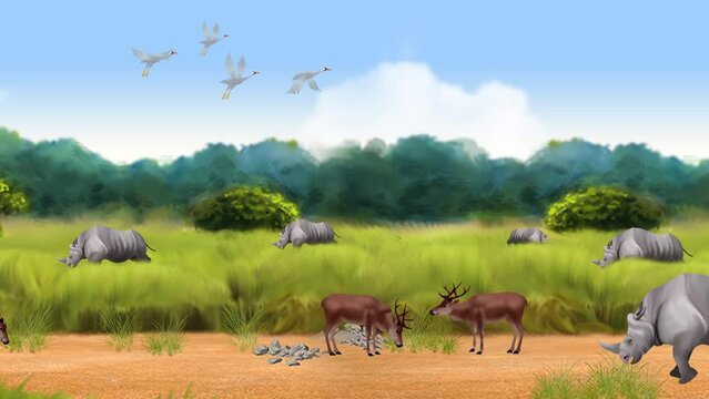 Herd of elephants in Kaziranga National Park. The group is foraging and grazing in the shade of and eating gress Animation 