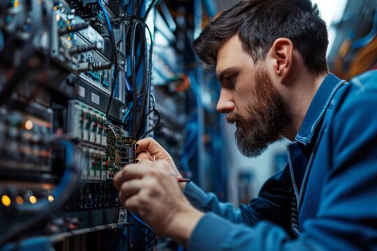 A Focused Technician Works on Complex Server Hardware in a Modern Data Center