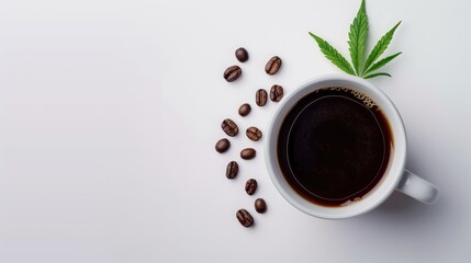 Isolated Cup of Coffee with Cannabis Leaf and Coffee Beans on White Background Top down Perspective...